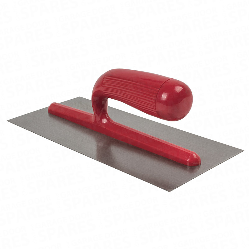 11-inch plasterers trowel with polished steel blade and red ergonomic plastic handle.