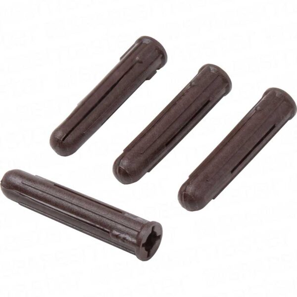 Four brown plastic wall plugs for masonry fixing applications, supplied in boxes of 200.