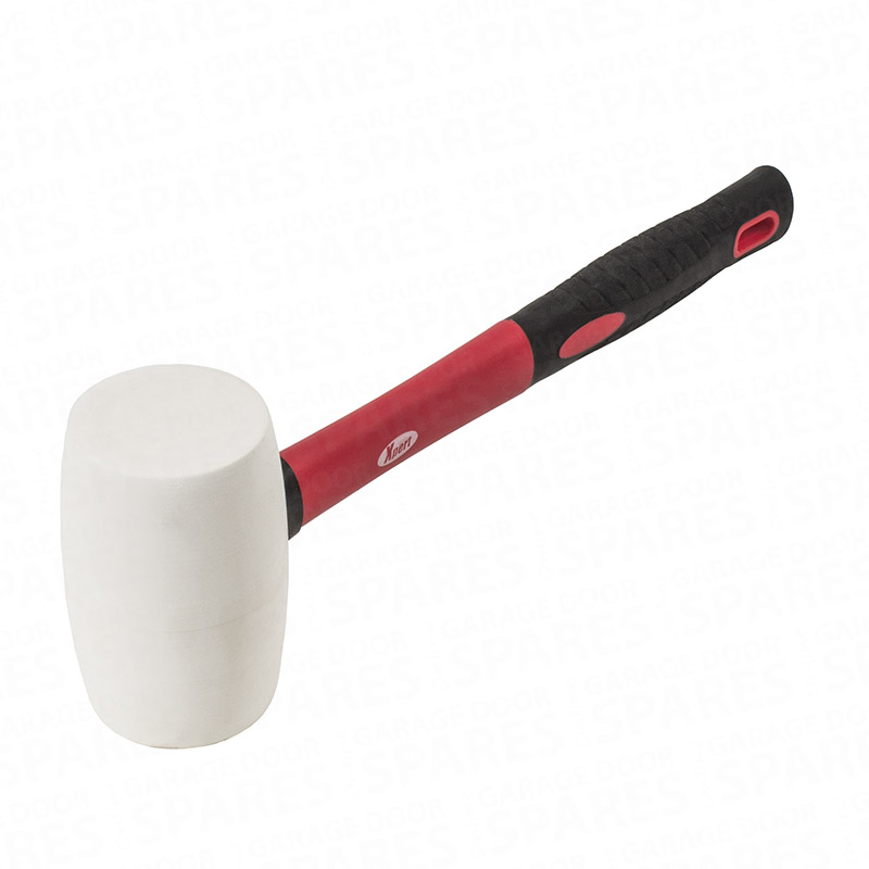 Xpert 16oz white rubber mallet with red fibreglass shaft and black non-slip grip handle on a white background