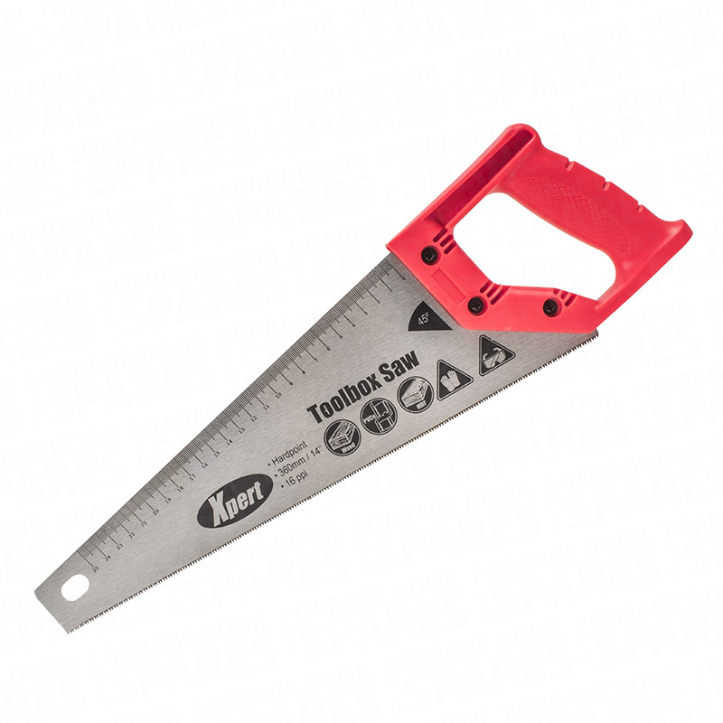 Xpert 14-inch toolbox saw with red handle, fine 16ppi blade and built-in ruler for cutting uPVC and plastic pipe.